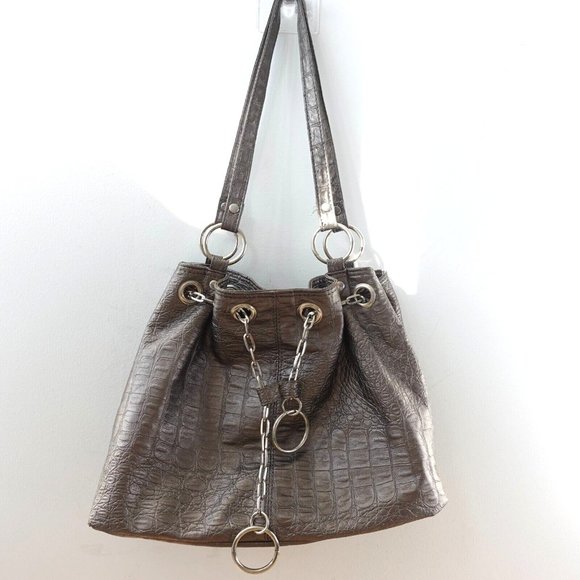 Crocodile Bag Leather Shoulder Gray Bucket Purse Embossed Studded Exotic Faux - Picture 1 of 15